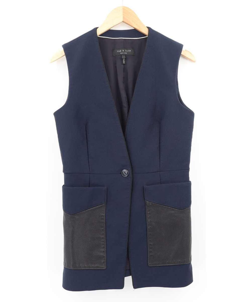Rag & Bone Women's Sz 4 Single Button Vest Trim Embellishment Leather Pockets